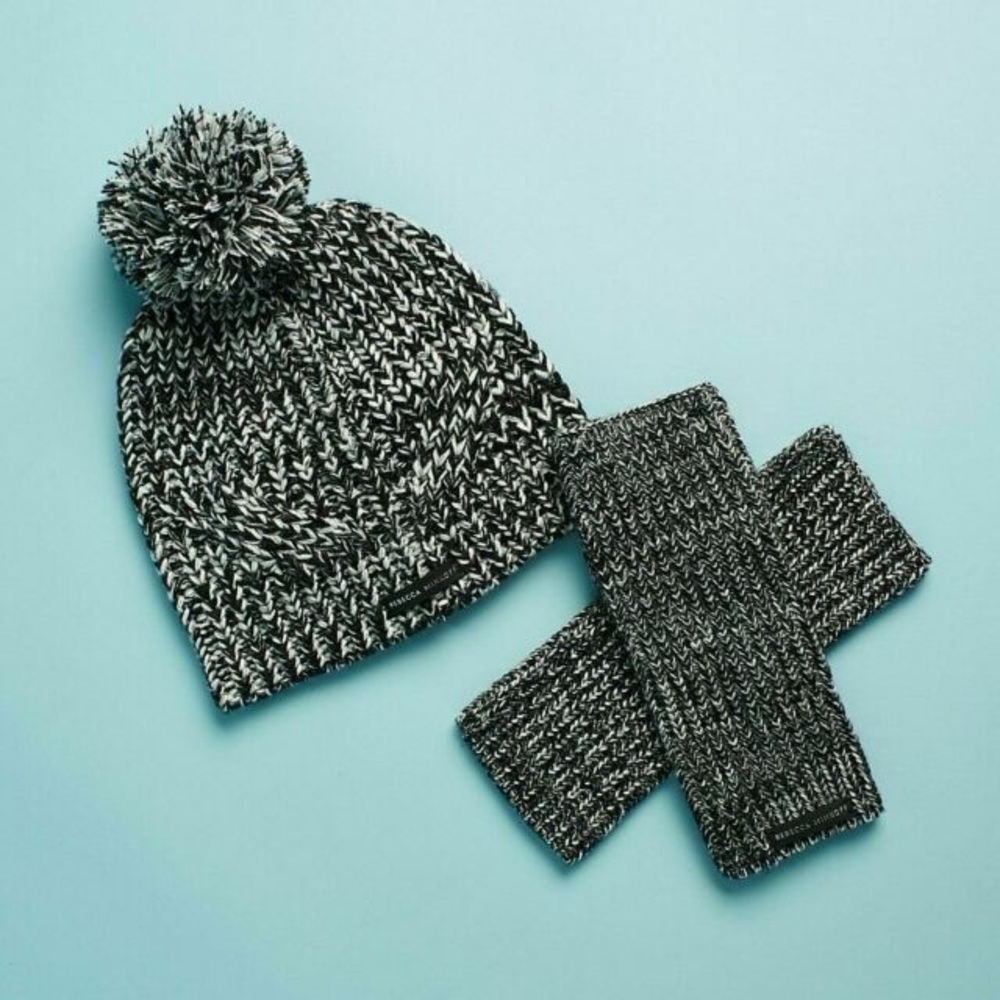 🆕 NWT Rebecca Minkoff Black and White Marled Knit Beanie and Gloves